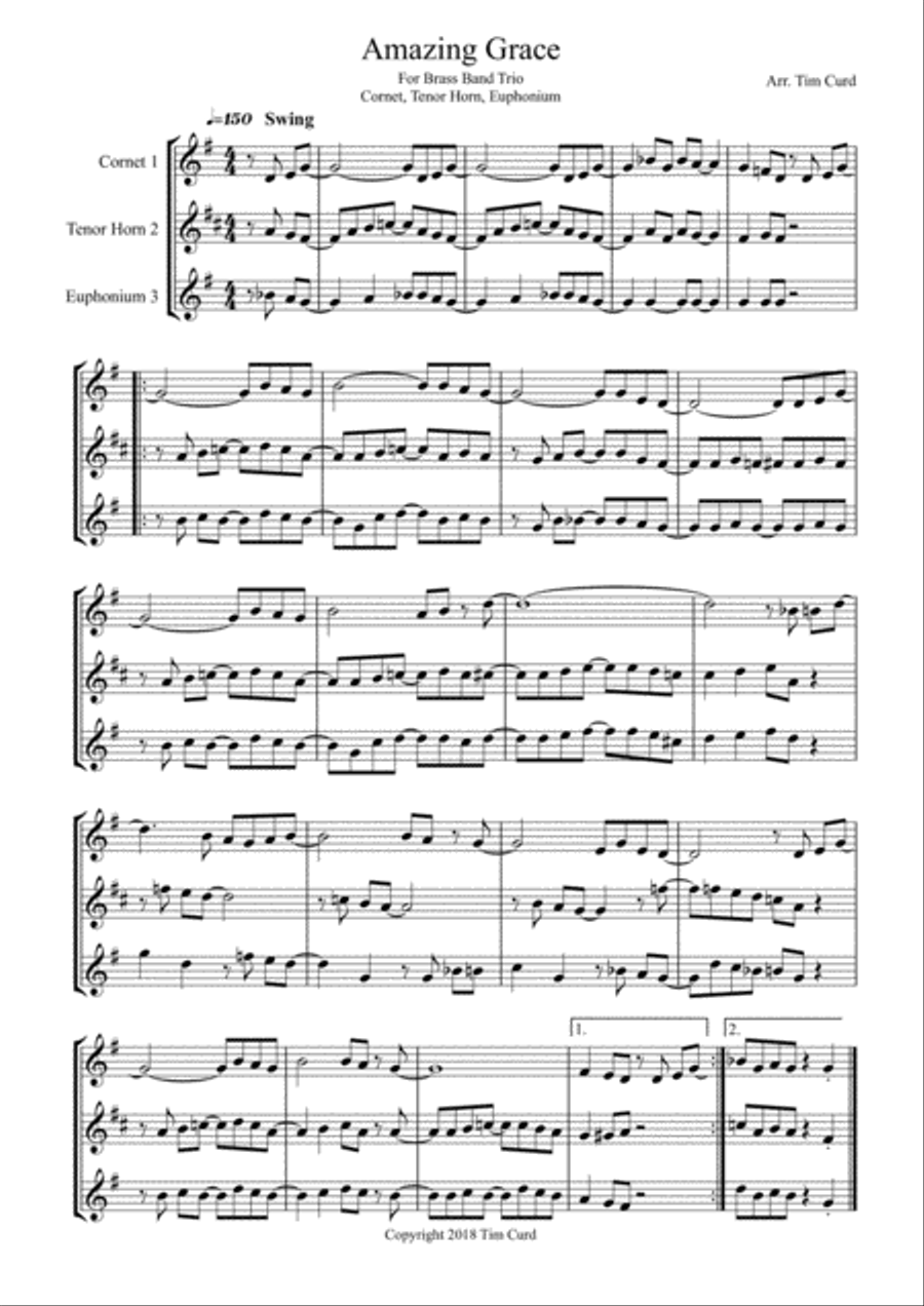 Amazing Grace. Trio for Cornet, Tenor Horn and Euphonium Woodwind Trio scores gallery preview page 1