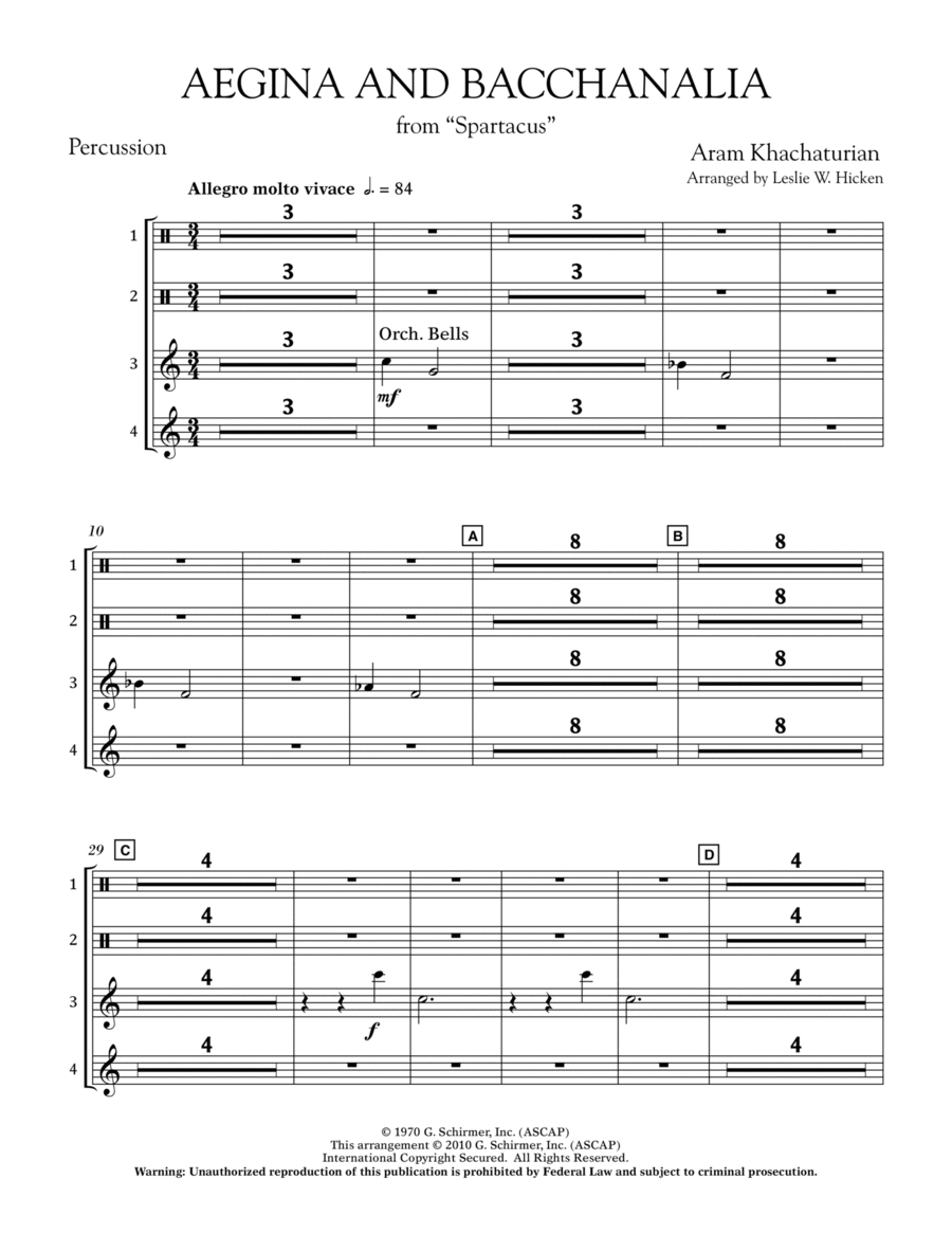 Aegina and Bacchanalia (from Spartacus) - Percussion Percussion scores gallery preview page 1