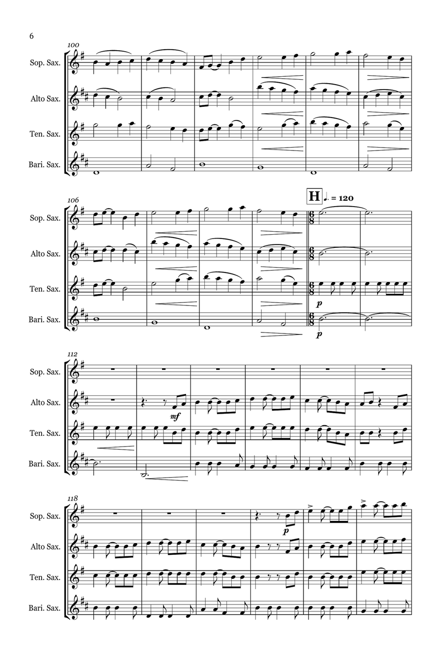 Medley: Fog Bound with The Medallion Calls, To The Pirate's Cave!, and He's A Pirate Saxophone Quartet scores gallery preview page 6