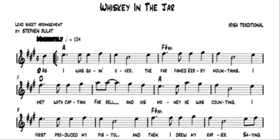 Whiskey In The Jar (The Dubliners, Thin Lizzy, Metallica) - Lead sheet (key of A) Large Ensemble scores gallery preview page 2