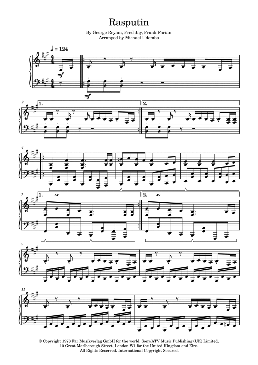 Rasputin Piano Solo scores gallery preview page 1
