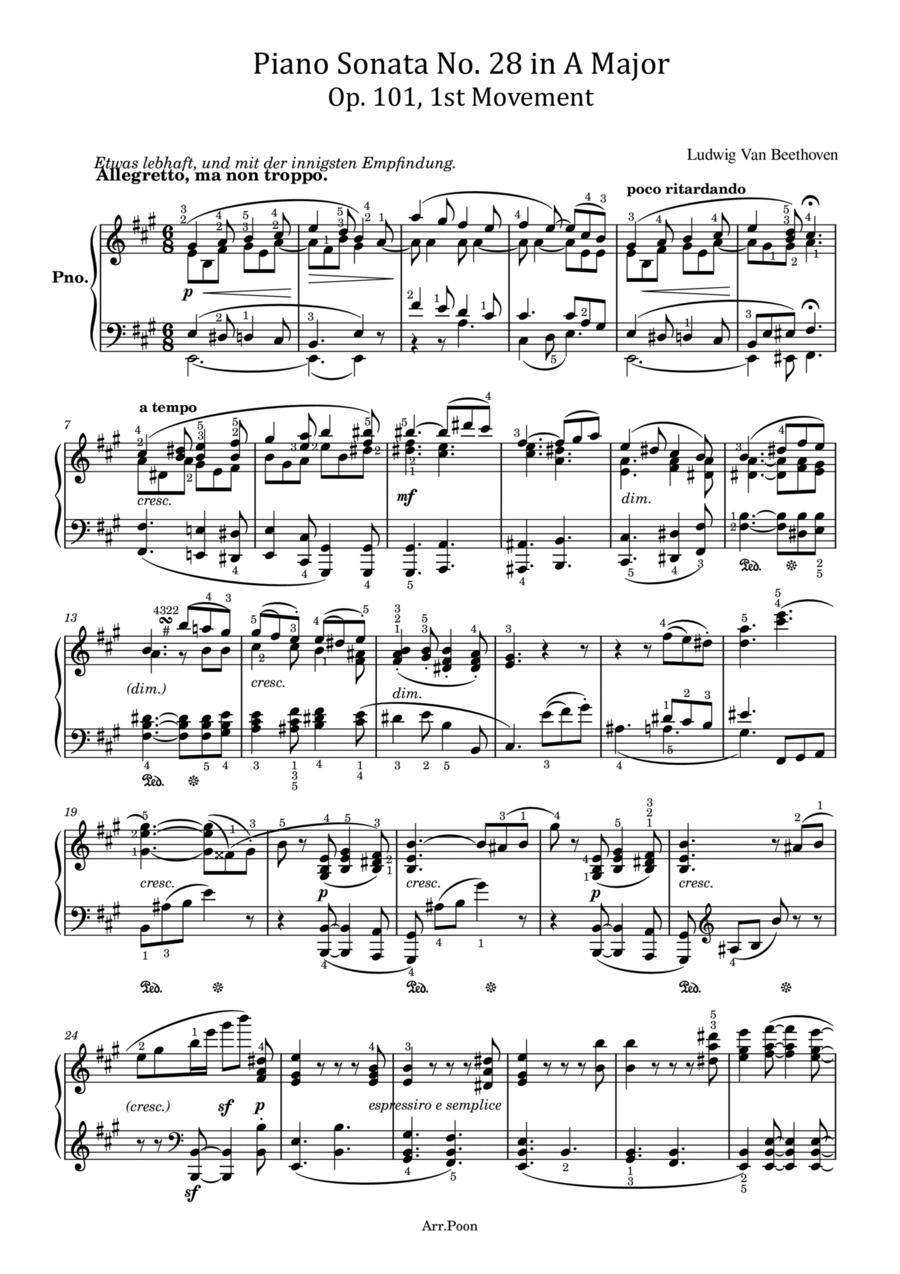 Beethoven - Piano Sonata No.28 in A Major ,Op.101 1st Mov - Original With Fingered For Piano Solo Piano Solo scores gallery preview page 1