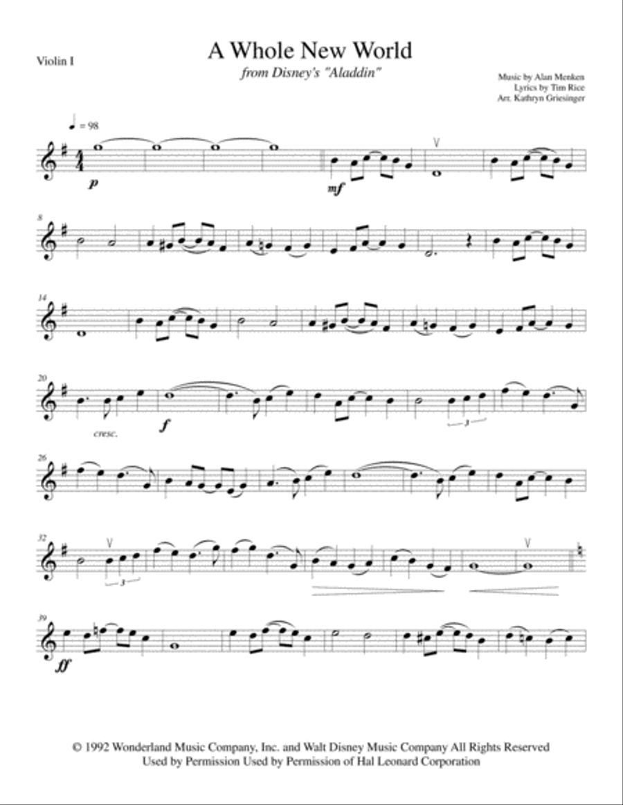 A Whole New World (from 'Aladdin') String Quartet scores gallery preview page 1