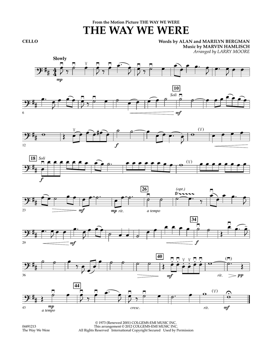 The Way We Were - Cello The Way We Were - Cello Orchestra scores gallery preview page 1