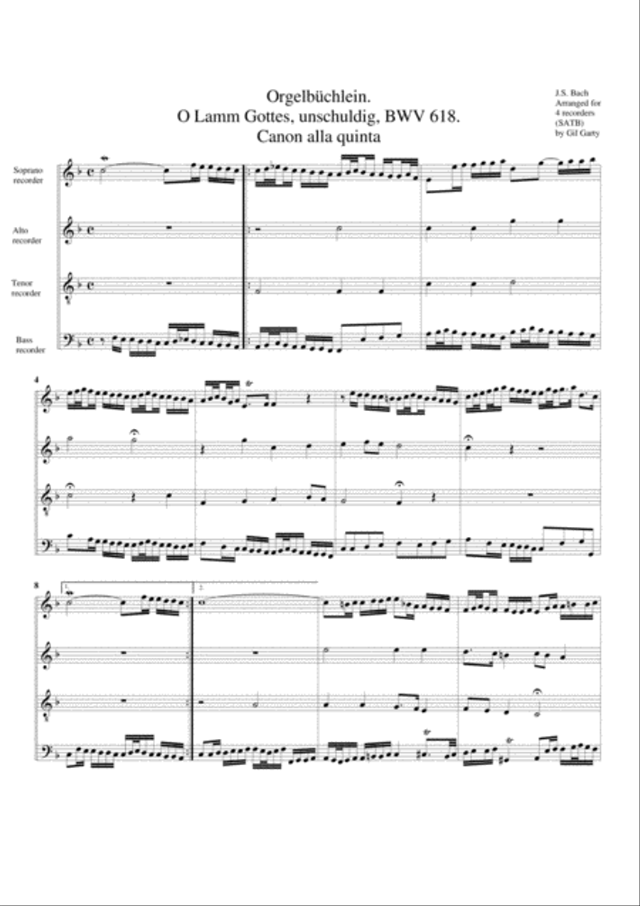 O Lamm Gottes, unschuldig, BWV 618 from Orgelbuechlein (arrangement for 4 recorders) Recorder scores gallery preview page 1