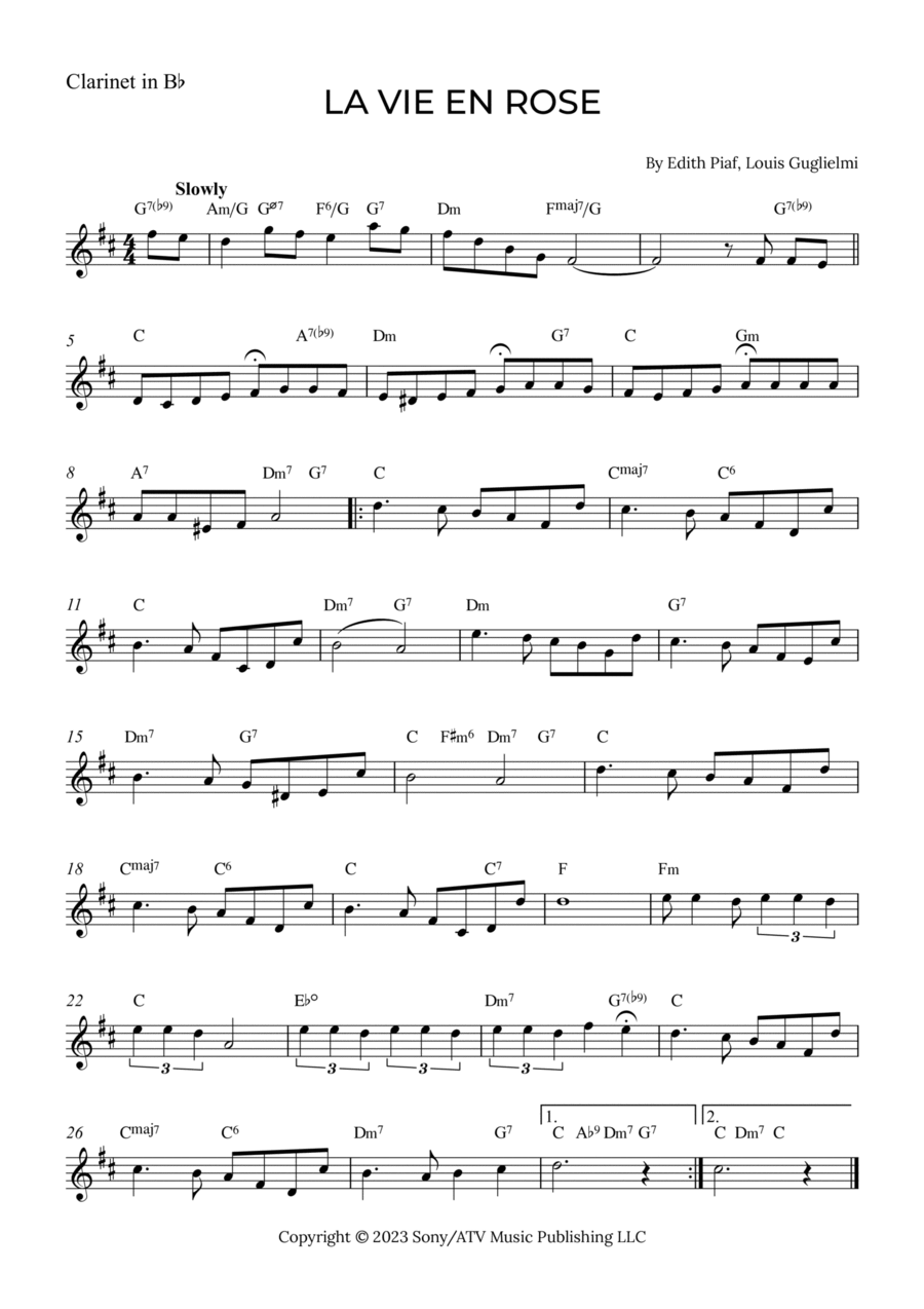 La Vie En Rose B-Flat Clarinet scores gallery preview page 1