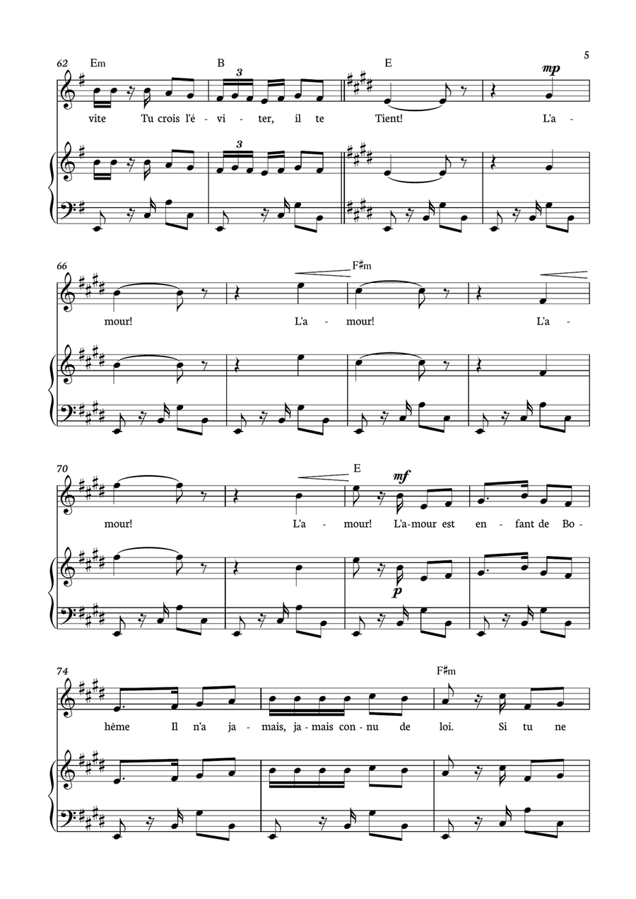 Habanera - Carmen for piano, chords and voice in E minor. Piano, Vocal scores gallery preview page 5