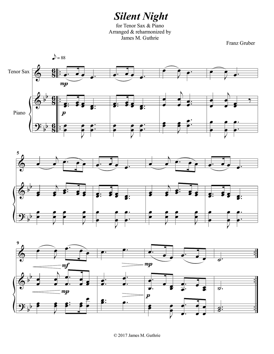 Silent Night for Tenor Sax & Piano Tenor Saxophone scores gallery preview page 1