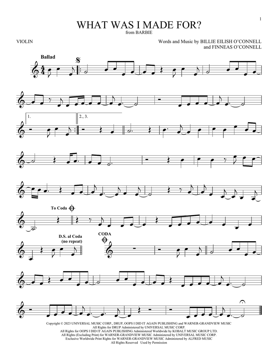 What Was I Made For? (from Barbie) Violin Solo scores gallery preview page 1