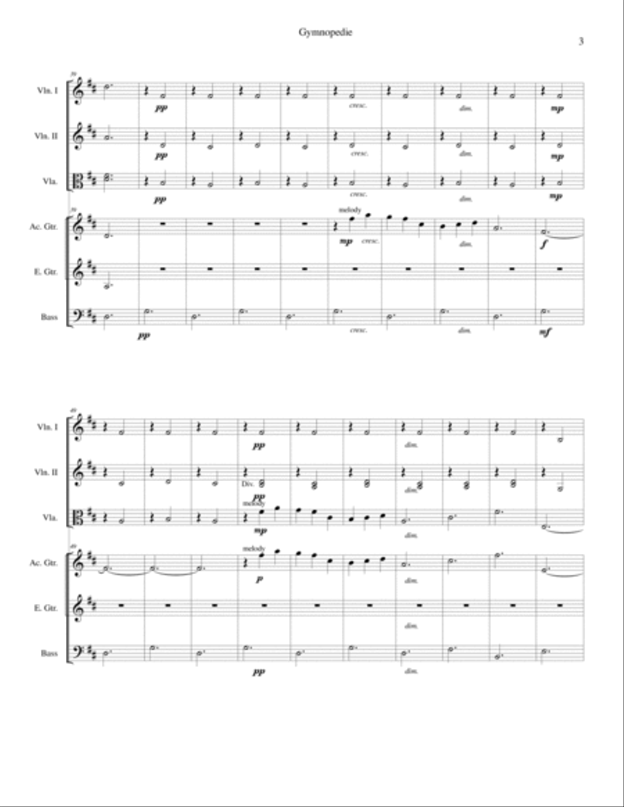 Gymnopedie No. 1: arranged for violins, viola, acoustic guitar, electric guitar and bass guitar Small Ensemble scores gallery preview page 4
