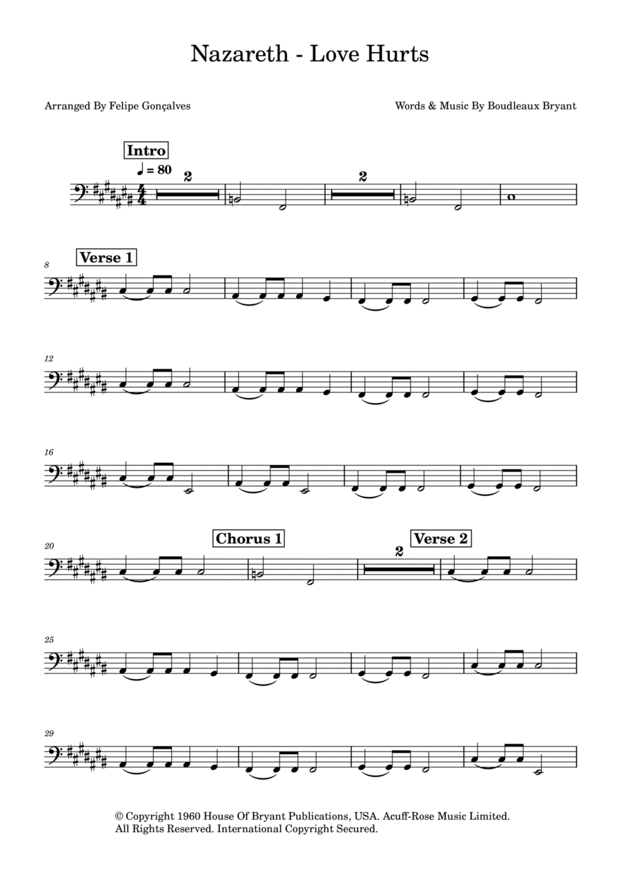 Love Hurts Love Hurts Bass Guitar scores gallery preview page 1