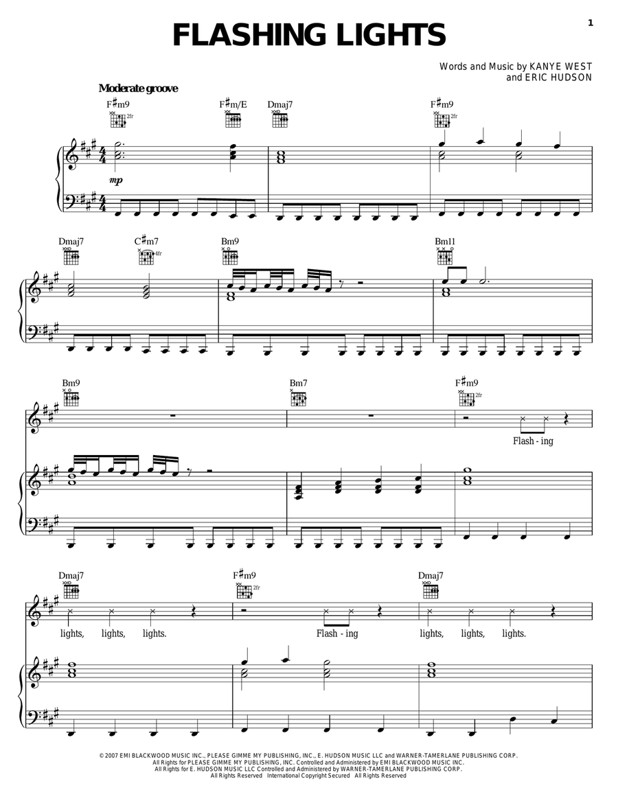 Flashing Lights Piano, Vocal, Guitar scores gallery preview page 1