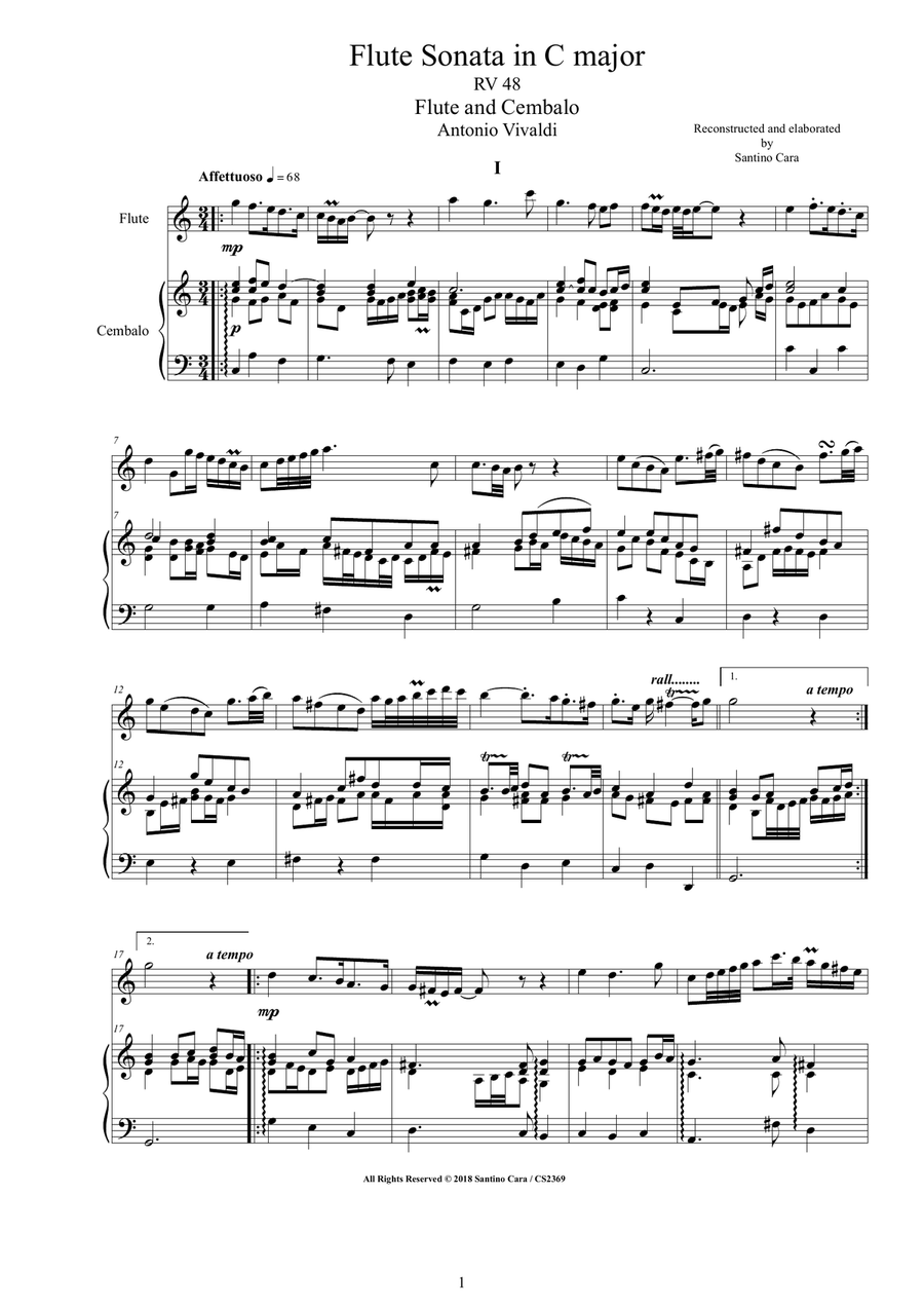 Vivaldi - Flute Sonata in C major RV 48 for Flute and Cembalo or Piano Flute scores gallery preview page 1