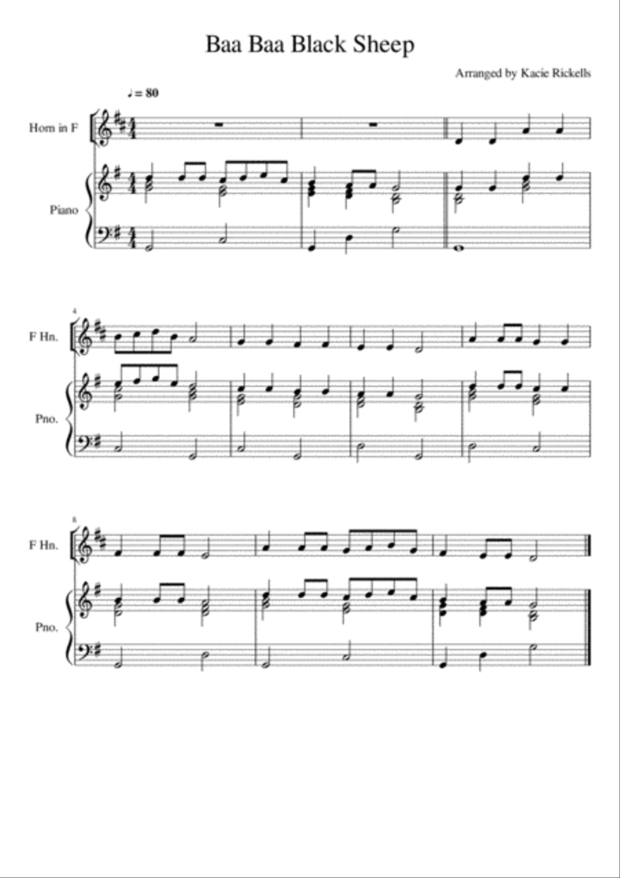 Baa Baa Black Sheep - French Horn and Piano Horn scores gallery preview page 1
