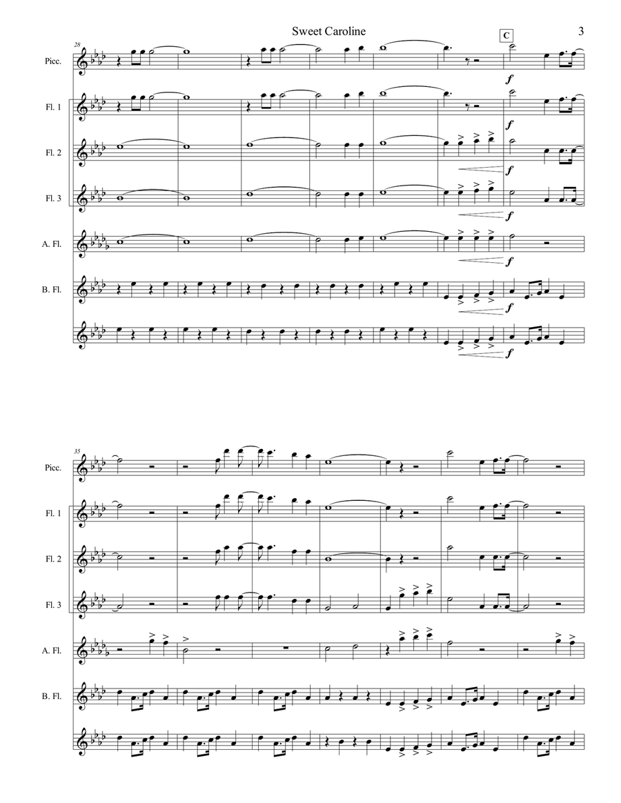 Sweet Caroline Flute Choir scores gallery preview page 4