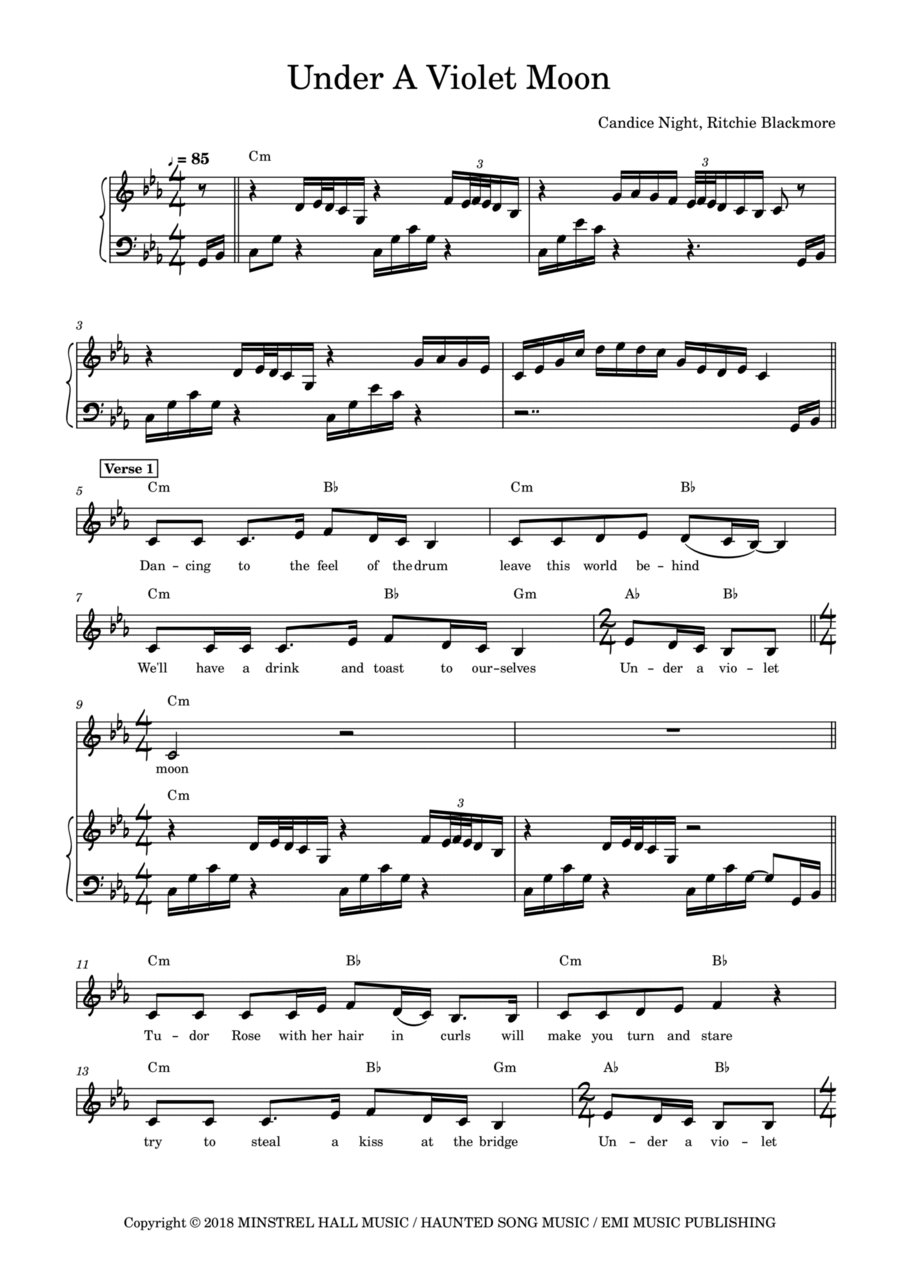 Under A Violet Moon Piano, Vocal, Guitar scores gallery preview page 1