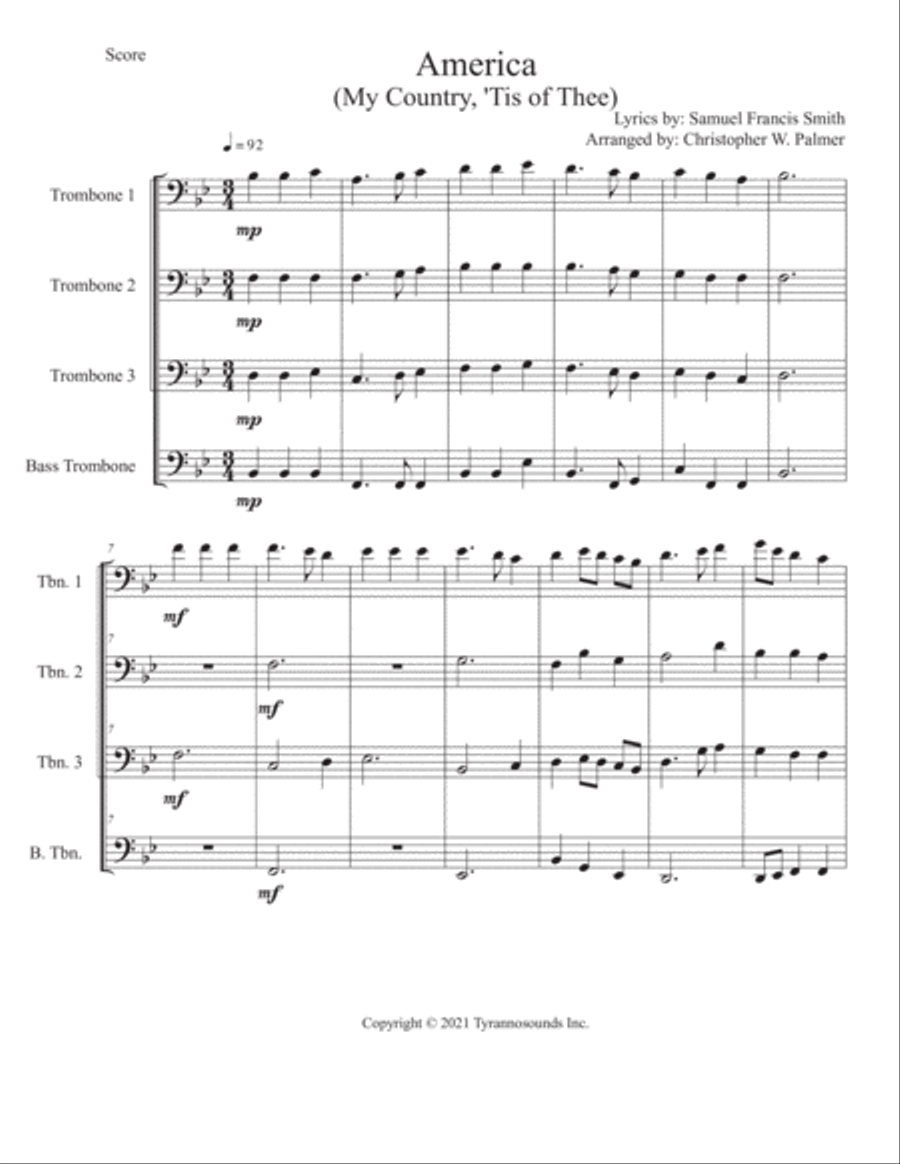 America (My Country Tis Of Thee) - Trombone Quartet Trombone Quartet scores gallery preview page 2