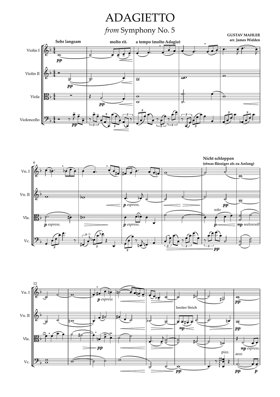 Adagietto from Symphony No. 5 String Quartet scores gallery preview page 1