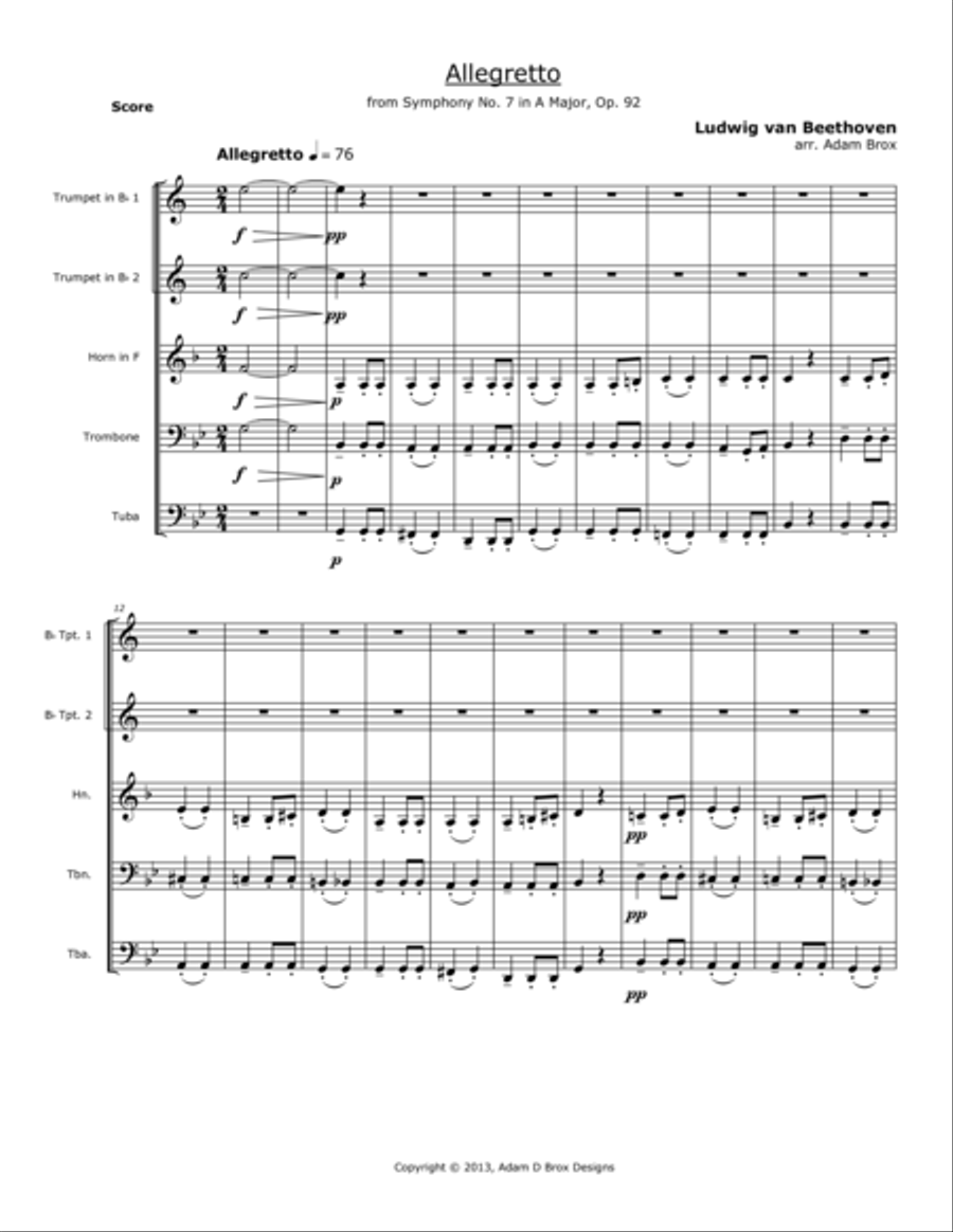 Beethoven Allegretto from Symphony No. 7 in A major, Op. 92 Brass Ensemble scores gallery preview page 1