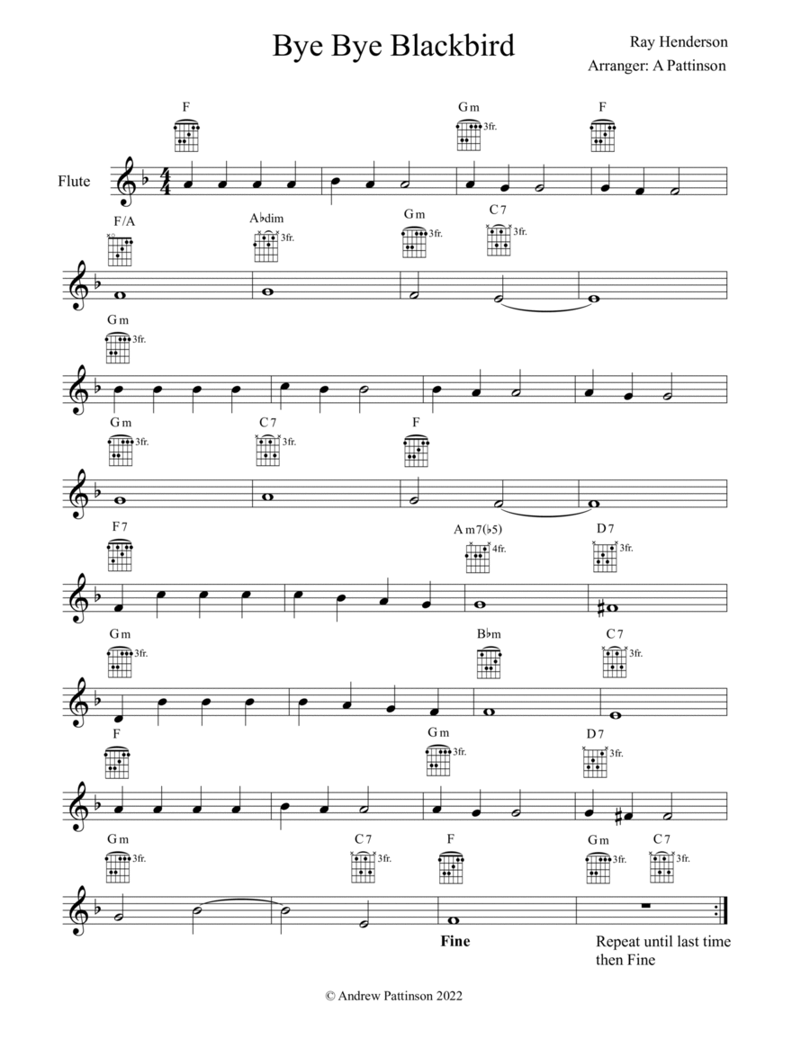 Book cover for Bye Bye Blackbird for flute with guitar chords