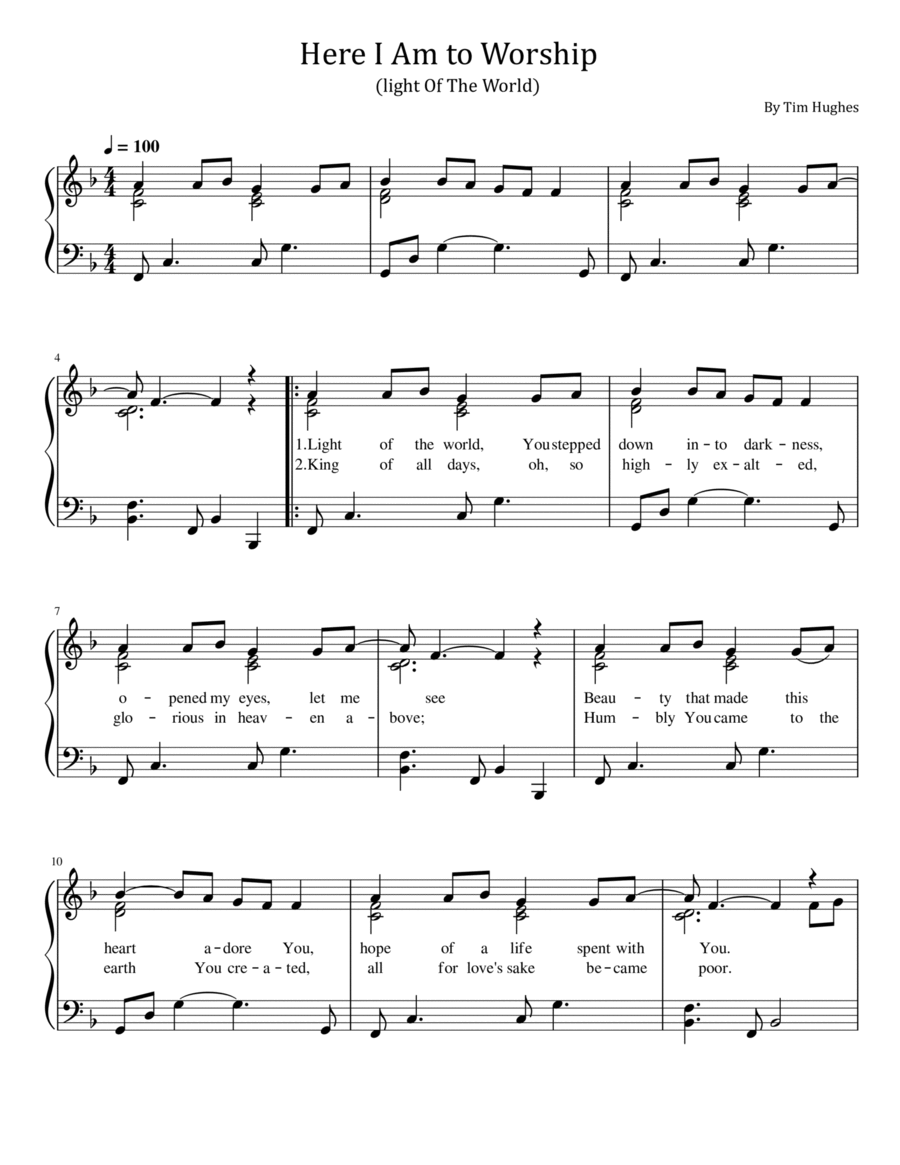 Here I Am To Worship (light Of The World) Easy Piano scores gallery preview page 1