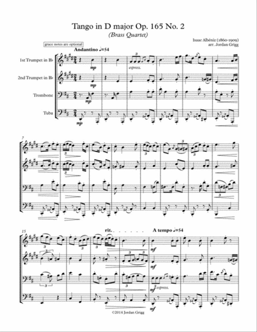 Tango in D major (Brass Quartet), Op.165 No.2 Brass Quartet scores gallery preview page 1