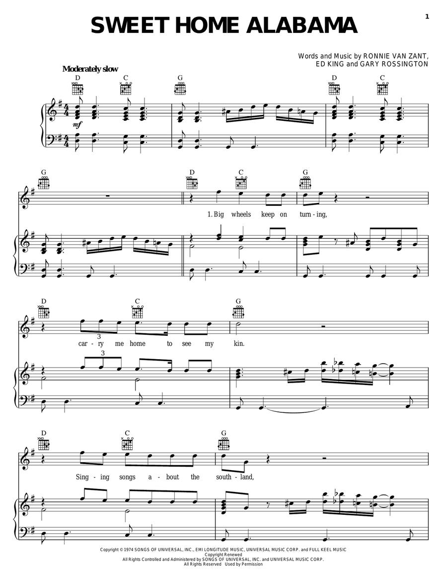 Sweet Home Alabama Piano, Vocal, Guitar scores gallery preview page 1