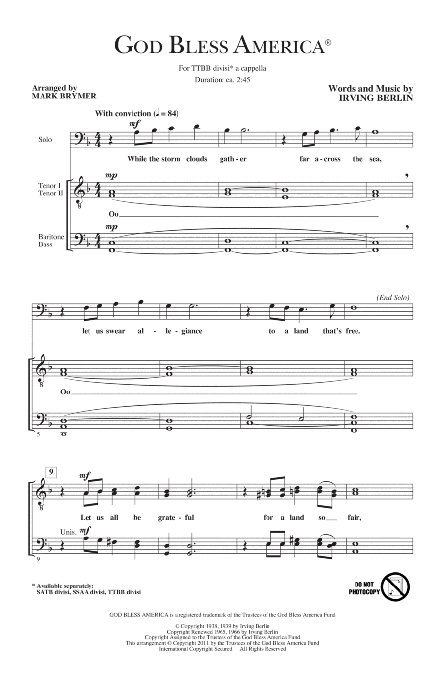 God Bless America (arr. Mark Brymer) TTBB scores gallery preview page 1
