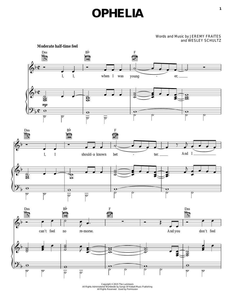 Ophelia Piano, Vocal, Guitar scores gallery preview page 1