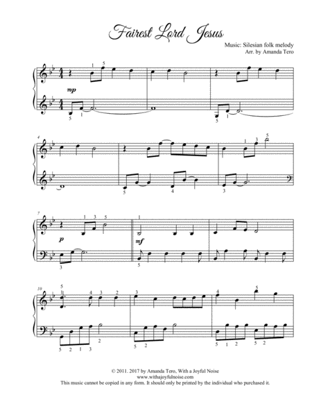 Fairest Lord Jesus hymn intermediate piano sheet music solo image number null