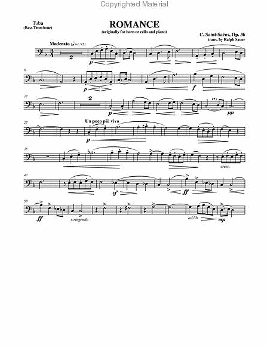 Romance, Opus 36 for Tuba or Bass Trombone & Piano Trombone scores gallery preview page 2