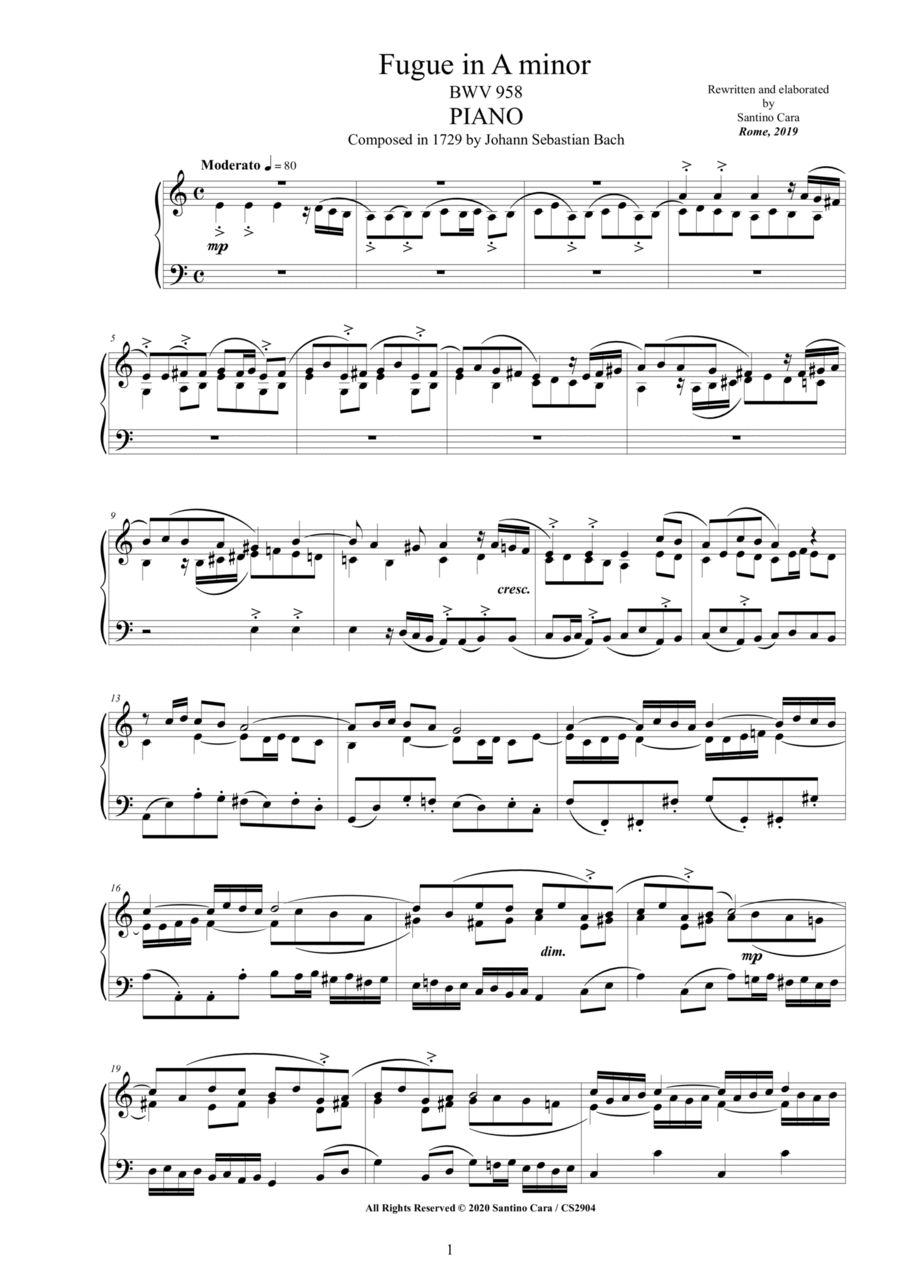 Bach - Fugue in A minor BWV 958 for Piano Piano Solo scores gallery preview page 1