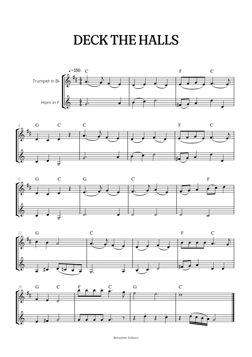 Deck the Hall for trumpet and french horn duet • intermediate Christmas song sheet music with chords image number null
