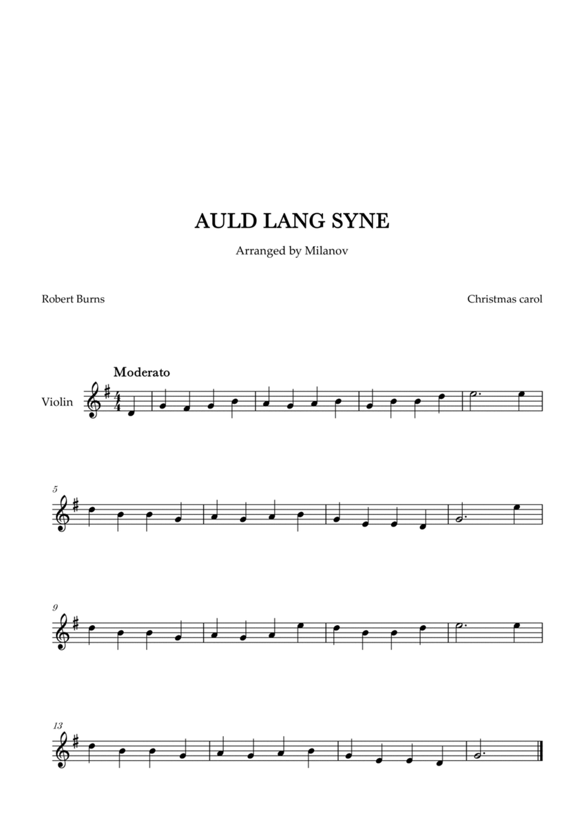 Auld lang syne in G Violin Easy Christmas carol image number null