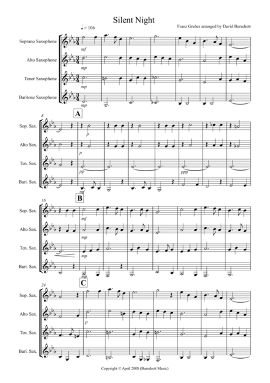 Silent Night for Saxophone Quartet Saxophone Quartet scores gallery preview page 1