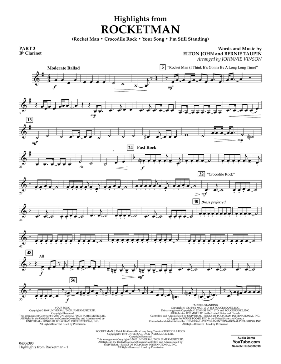 Highlights from Rocketman (arr. Johnnie Vinson) - Pt.3 - Bb Clarinet Concert Band scores gallery preview page 1