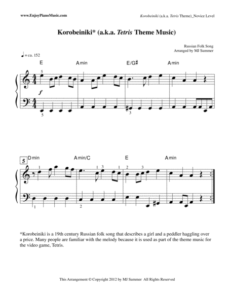 Tetris/Korobeiniki Theme--Piano Solo at Intermediate Level