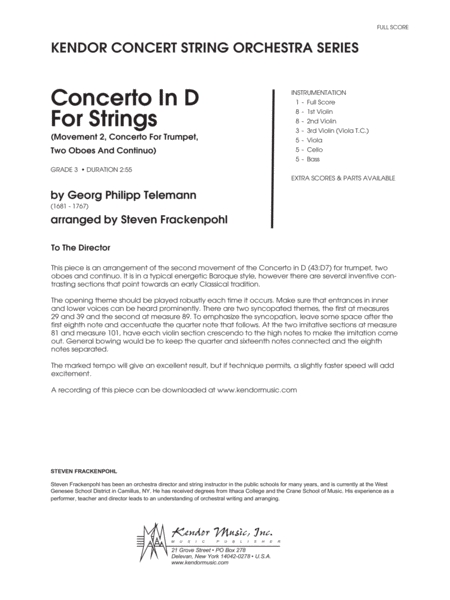 Concerto In D For Strings (Mov II Concerto For Trumpet, 2 Oboes & Continuo) - Full Score