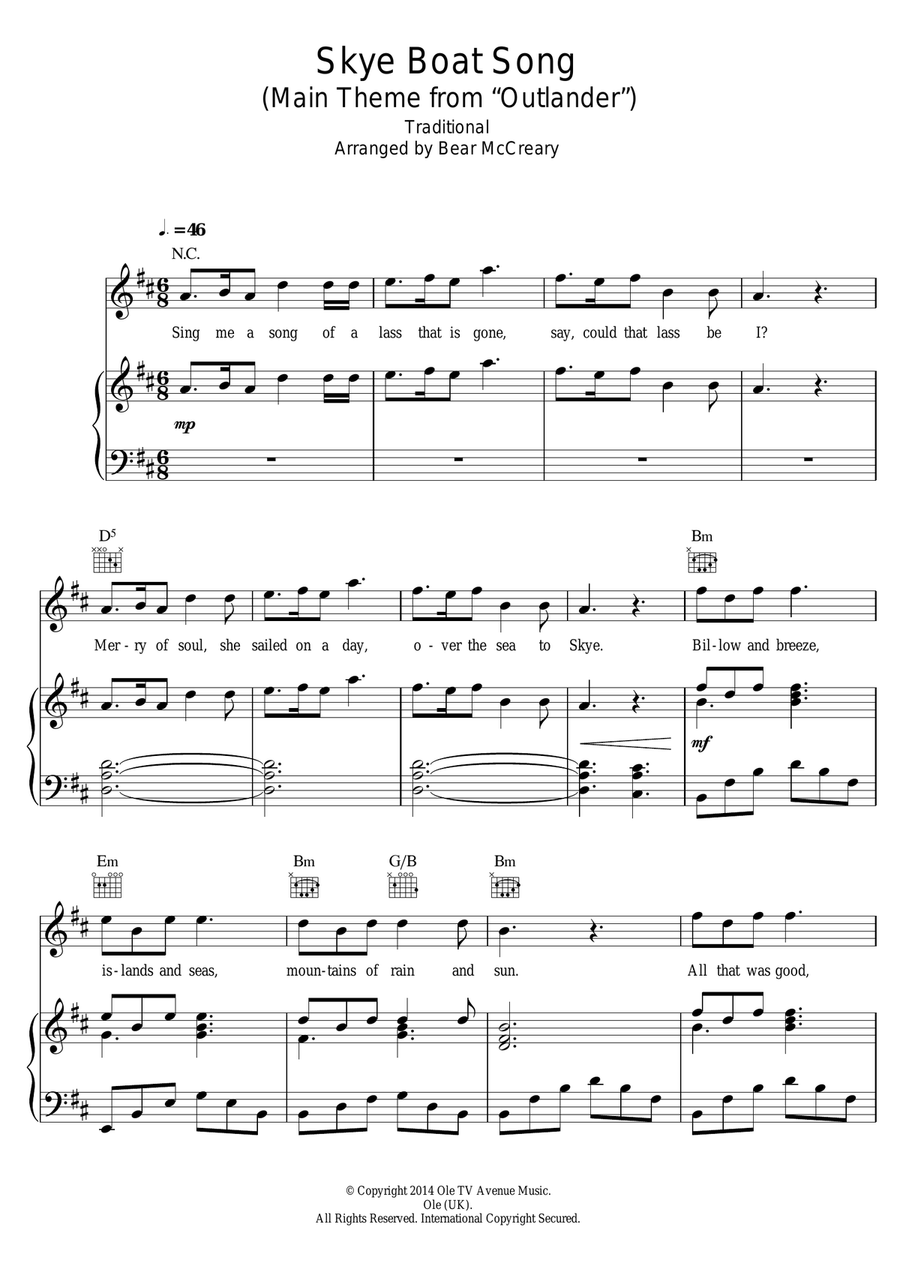 Skye Boat Song (Main Theme from Outlander) Piano, Vocal scores gallery preview page 1
