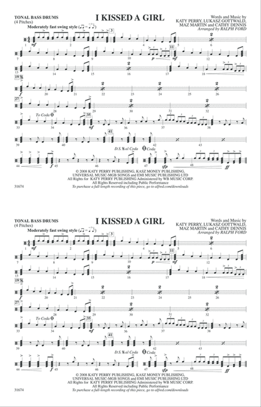 I Kissed a Girl: Tonal Bass Drum Marching Band scores gallery preview page 1
