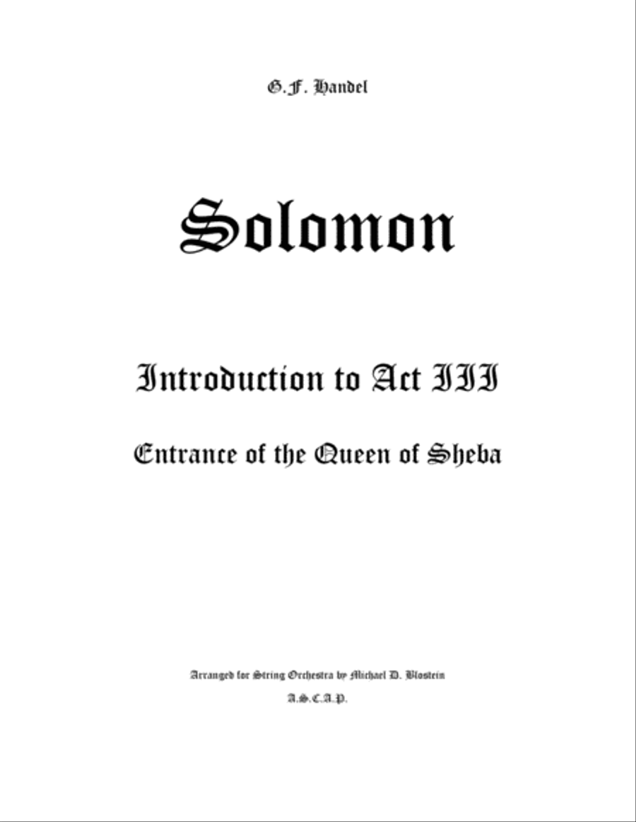 Solomon, Introduction to Act III, Entrance of the Queen of Sheba (score only) String Orchestra scores gallery preview page 1