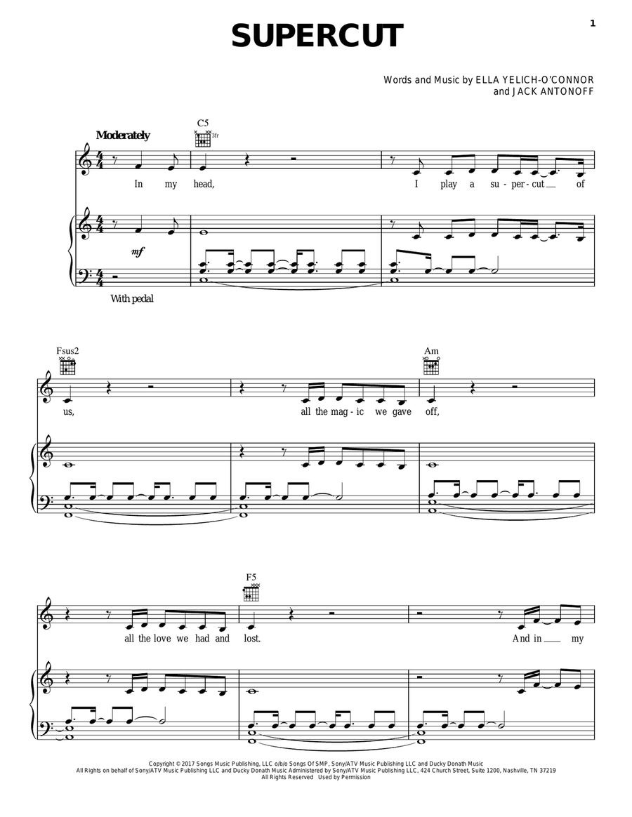 Supercut Piano, Vocal, Guitar scores gallery preview page 1
