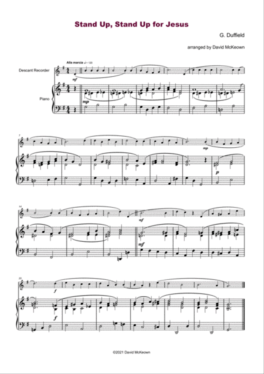 Stand Up, Stand Up for Jesus, Gospel Hymn for Descant Recorder and Piano Soprano Recorder scores gallery preview page 2