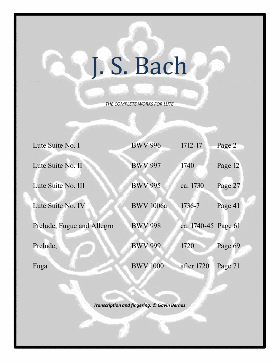 Bach Lute Works for Guitar.. BWV 995 to 1000, and 1006a Lute scores gallery preview page 1