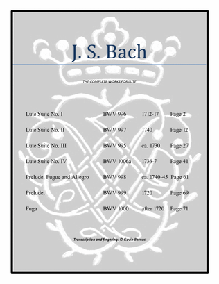 Book cover for Bach Lute Works for Guitar.. BWV 995 to 1000, and 1006a