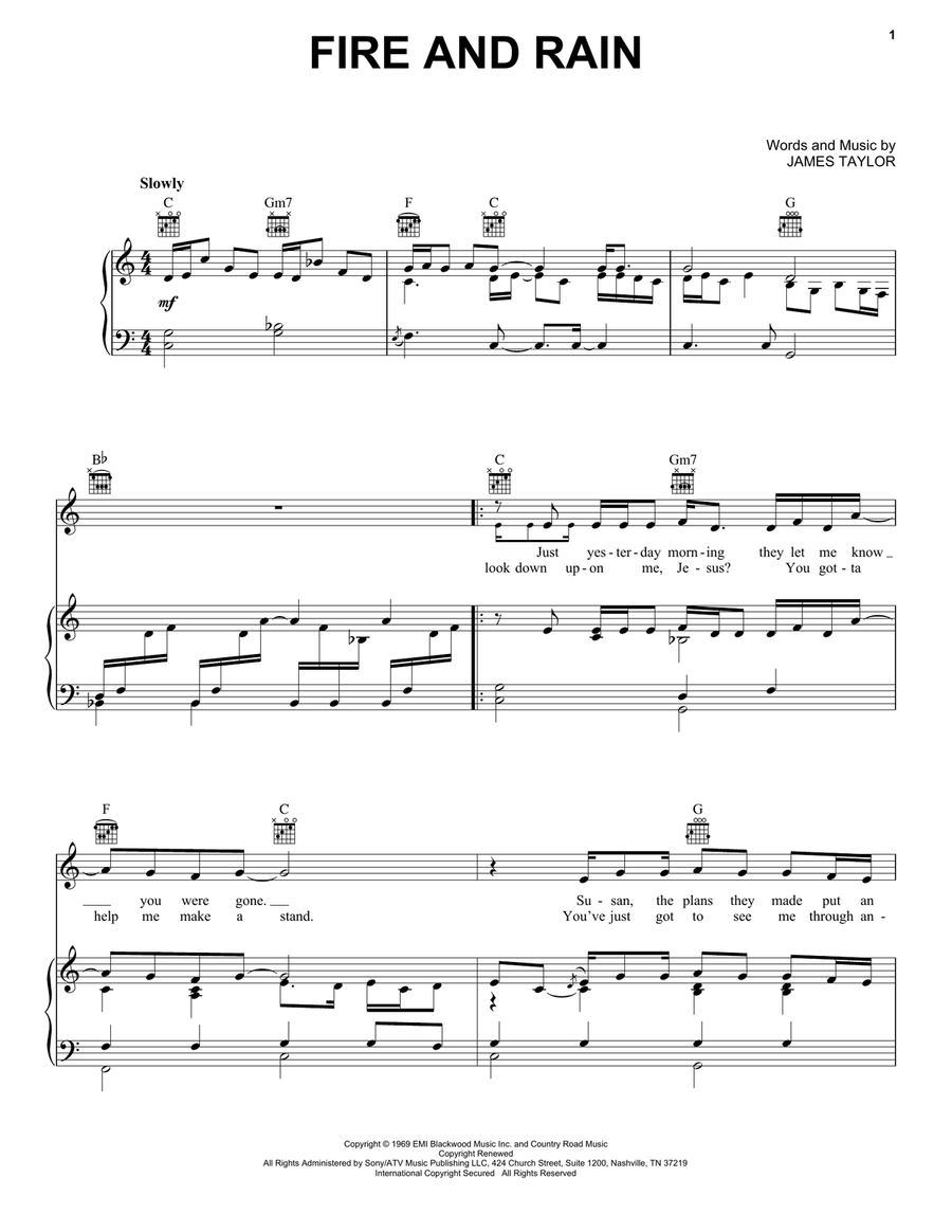 Fire And Rain Piano, Vocal, Guitar scores gallery preview page 1