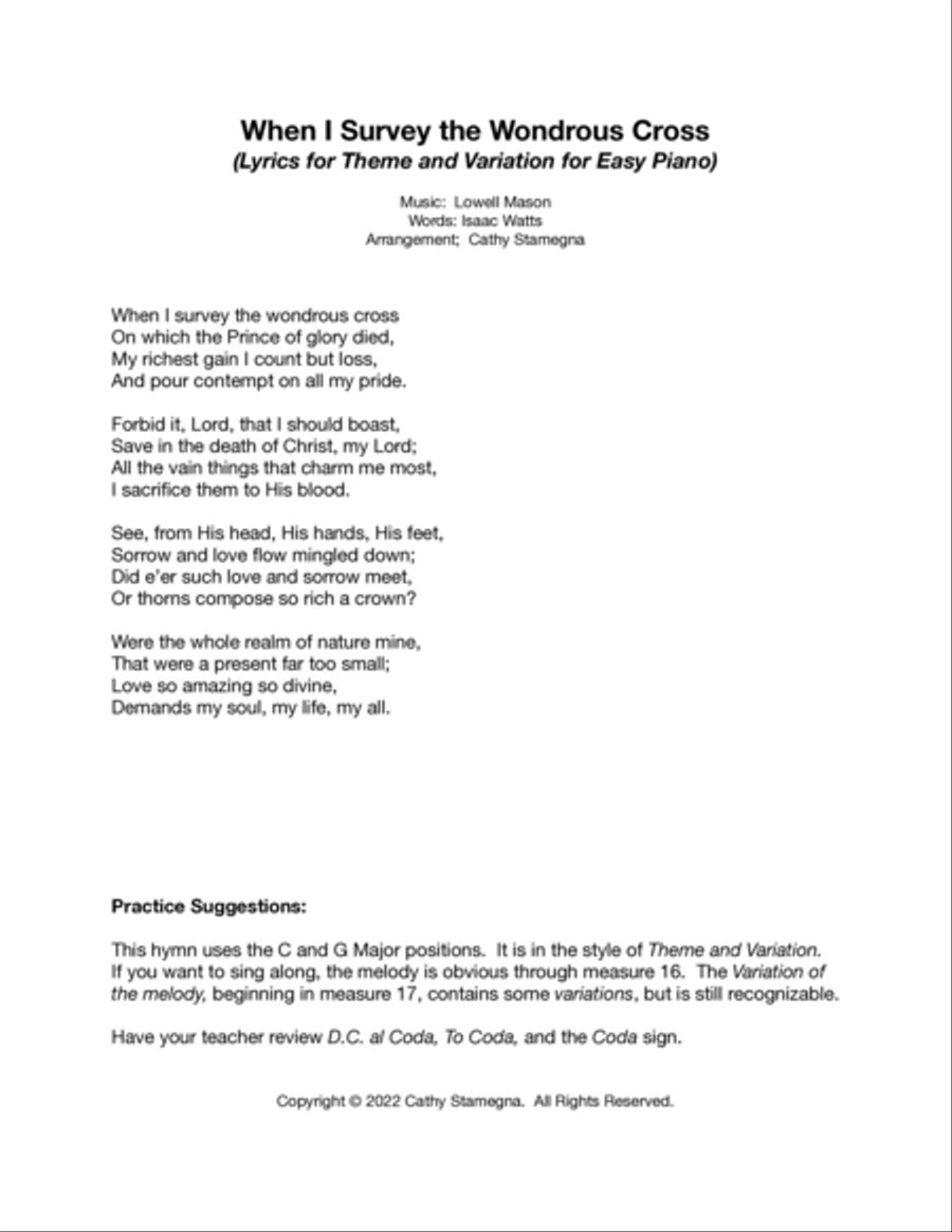 When I Survey The Wondrous Cross (Theme and Variation for EASY PIANO) Piano Method scores gallery preview page 3