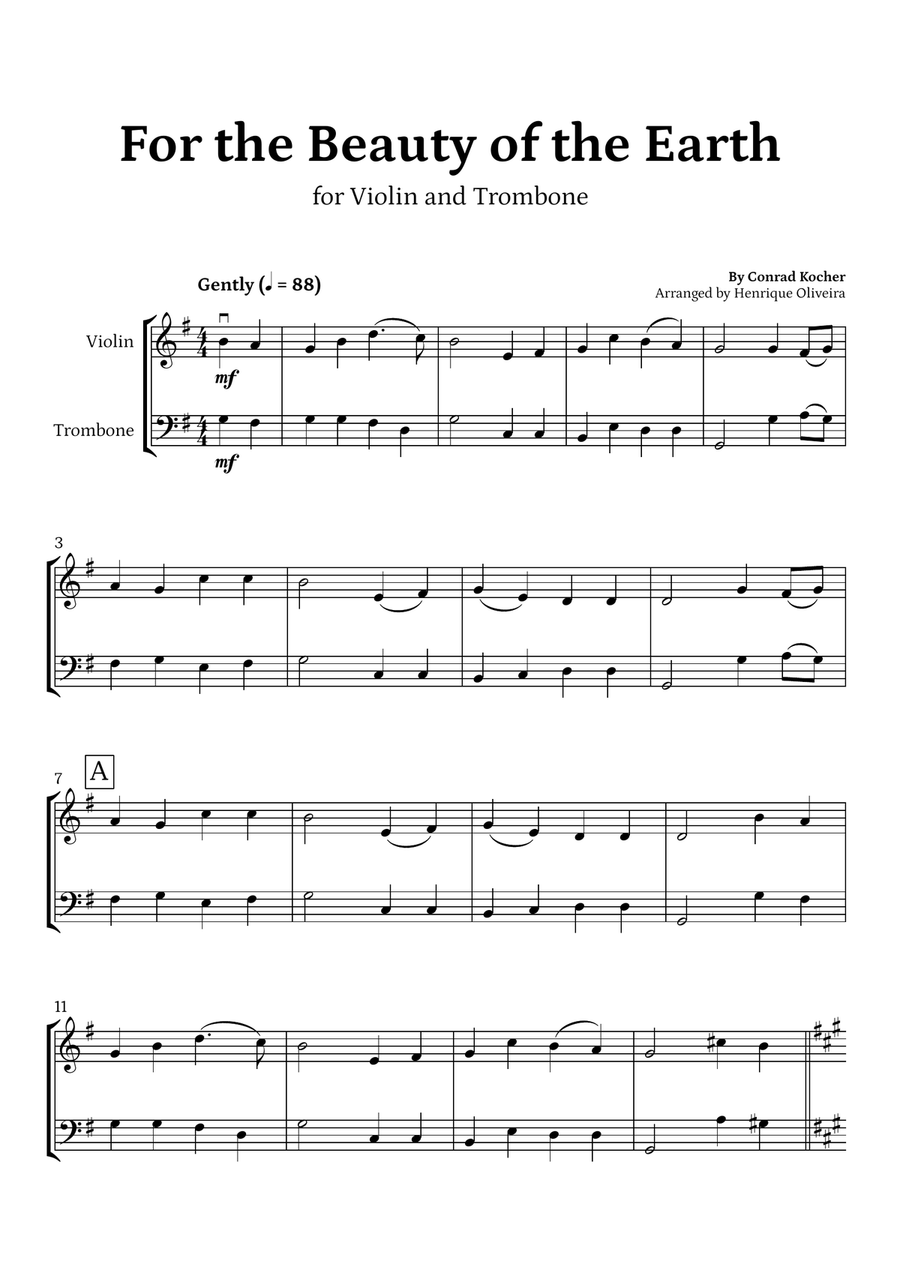 For the Beauty of the Earth (for Violin and Trombone) - Easter Hymn Trombone scores gallery preview page 1