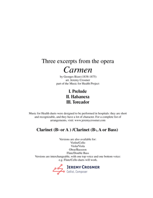 Book cover for Bizet: "Prelude, Habanera, and Toreador" from Carmen - Music for Health Duet Clarinet/Clarinet (Bass
