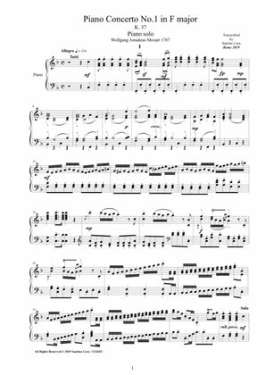 Book cover for Mozart - Piano Concerto No.1 in F major K 37 for Piano version